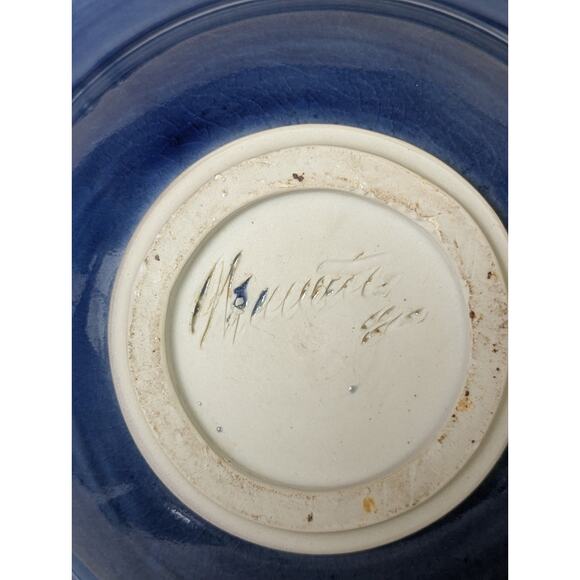 Studio Art Pottery Lidded Dish Bowl Stoneware Blue Glaze Floral Handles Signed - Picture 7 of 9